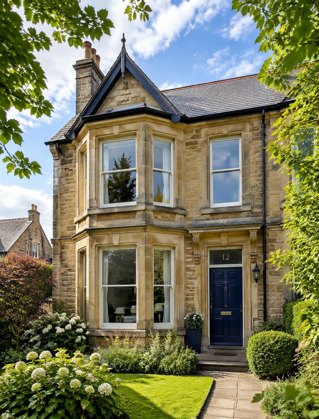 Victorian stone house with bay windows and navy front door
